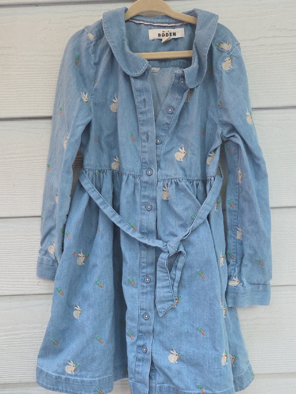 Mini Boden Light Blue Embroidered Bunny Chambray Dress